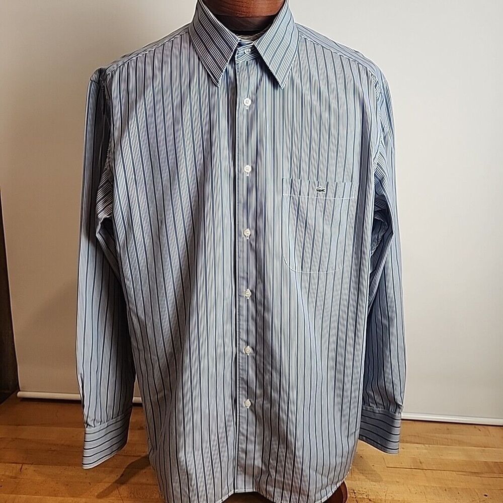 Lacoste Dress Shirt Mens 44 XL Blue Stripe Button Down Long Sleeve Preppy Casual